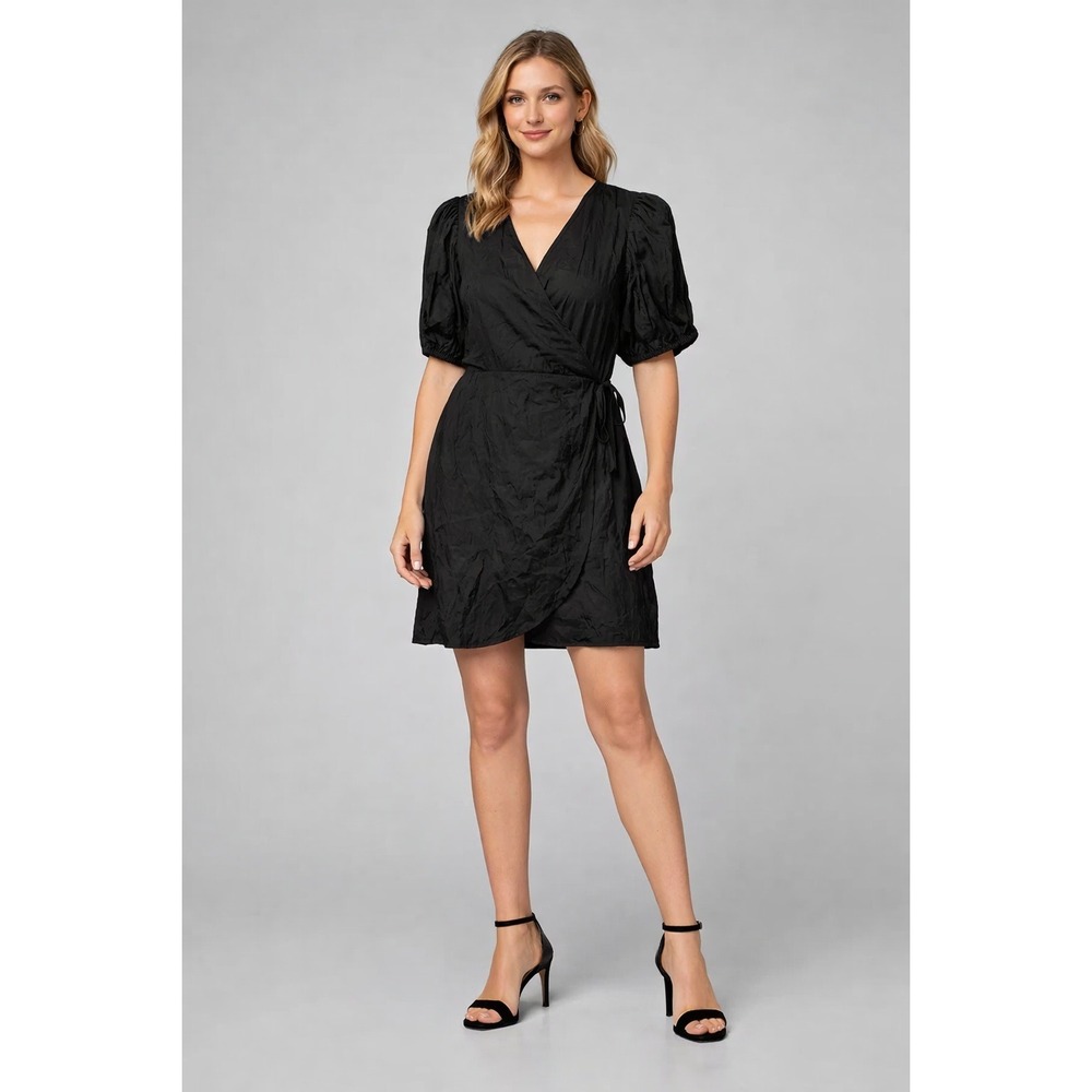 a new day Black Puff-Sleeve Wrap Mini Dress with Side Tie